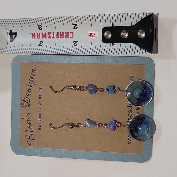 796- Blue Glass And Natural Chips Stone Handmade Women's Earrings NWT - Picture 2 of 4